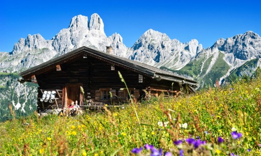 Sulzenalm vor dem Gebirgspanorama der Bischofsmütze